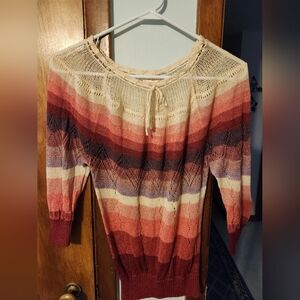 LUX Light Crochet Material 3/4 Sleeves Tie Neckline Top Size XS